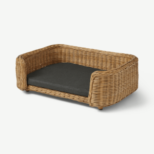 Akila Rectangle Dog Bed, S/M, Natural Rattan & Grey