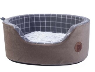 Petface Grey Check and Bamboo Oval Foam Bed - Brown